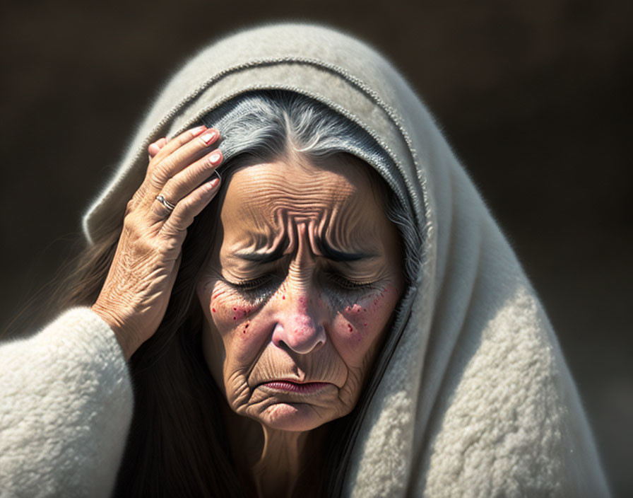 Elderly woman in hooded cloak with red markings on cheeks