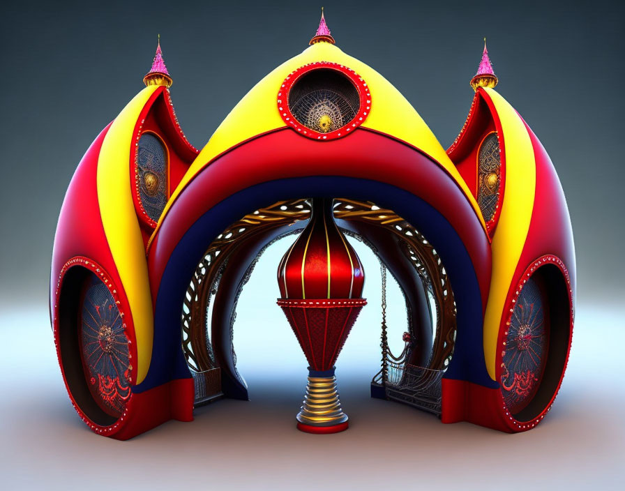 Colorful 3D-rendered fantasy gazebo with intricate patterns and spires