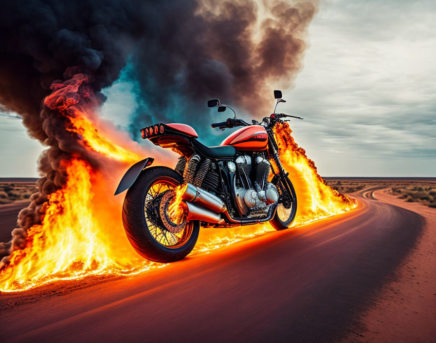 Motorcycle blazing a fiery trail on desert road