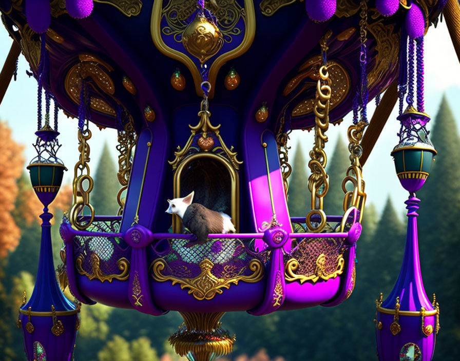 Raccoon on ornate purple and gold hot air balloon gondola in lush green setting