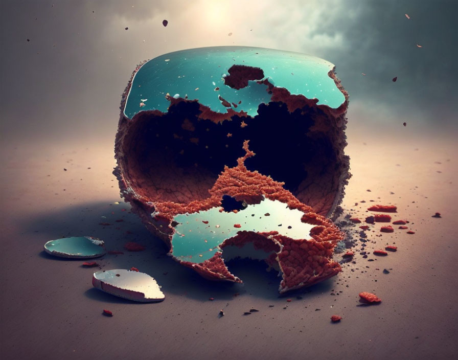 Shattered turquoise sphere on dark background symbolizing decay