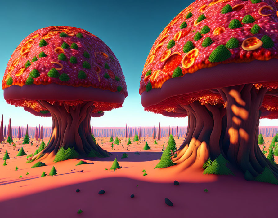 Vibrant red and green mushrooms in fantasy desert landscape