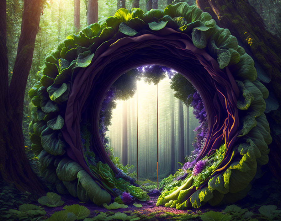 Enchanted forest with oversized leaf tunnel to misty sunlit clearing