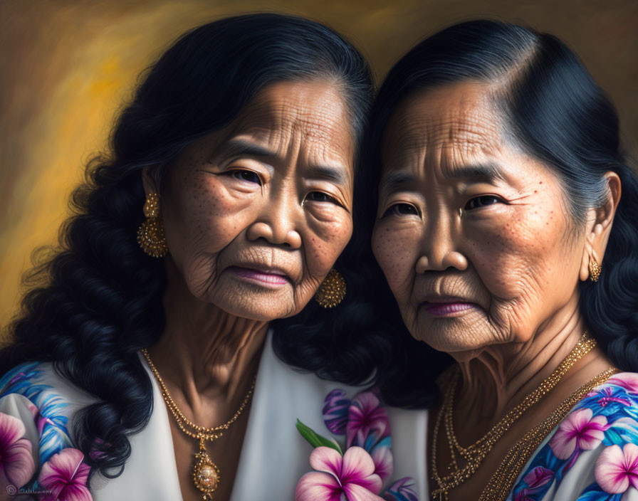 Elderly Asian women digital painting with wavy hair and detailed features