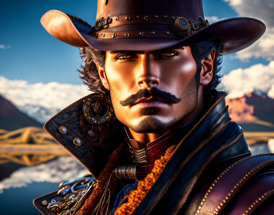 Stylized cowboy with ornate leather hat in dramatic landscape