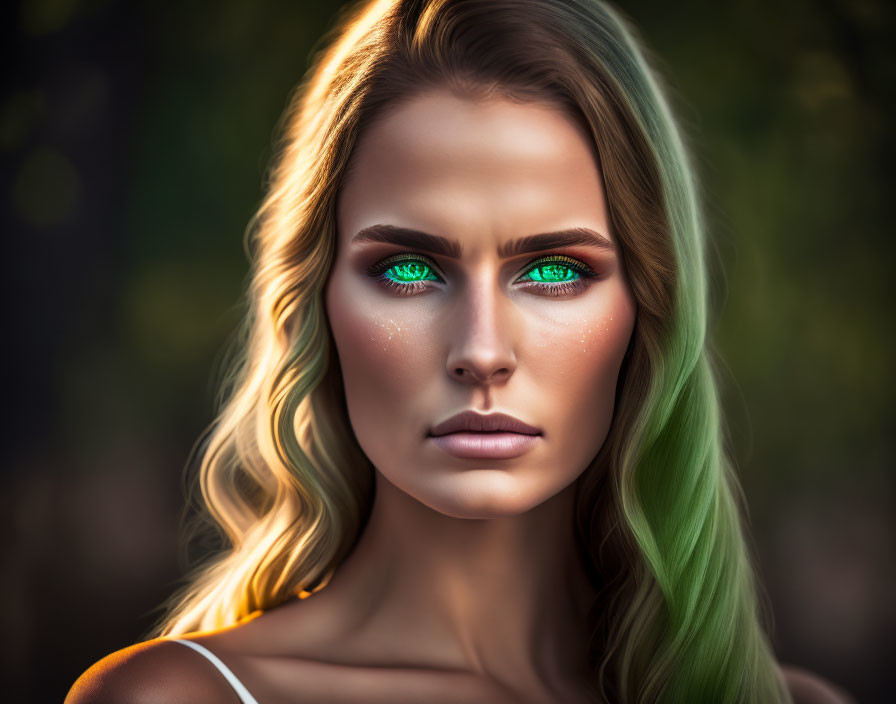 Portrait of a woman with green eyes and ombre hair in warm sunlight