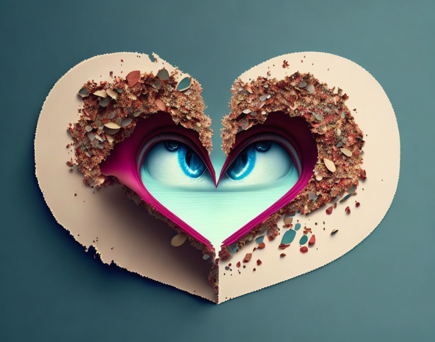 Heart-shaped object with layered colors and eyes inside