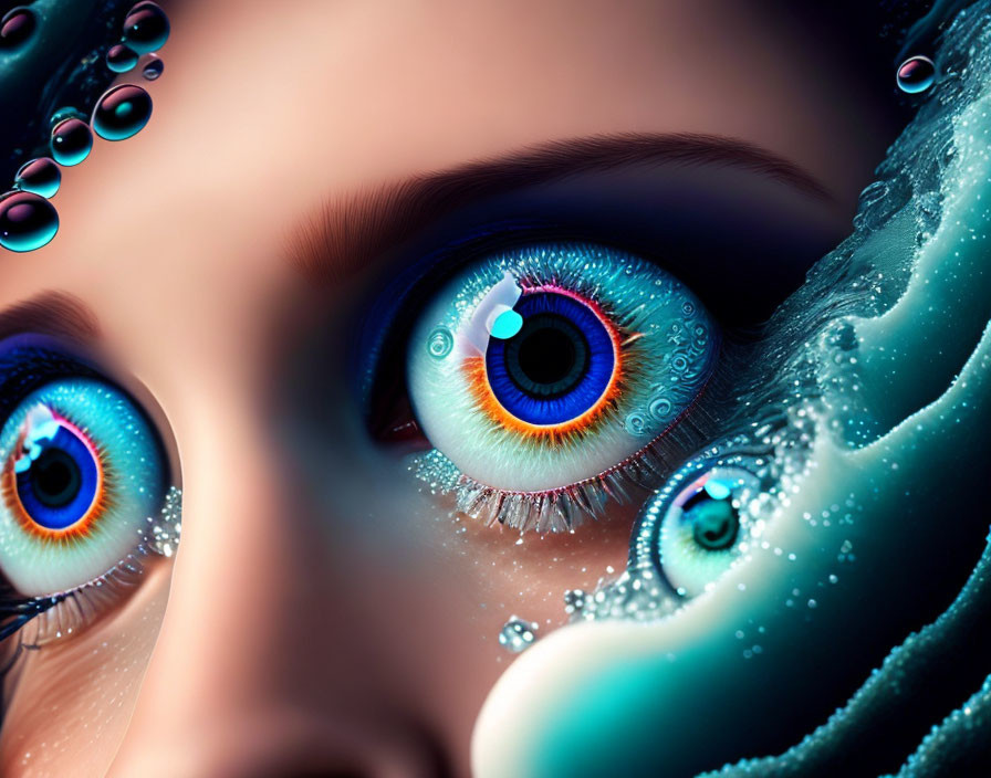 Detailed Close-Up of Colorful Eyes in Blue Water with Bubbles