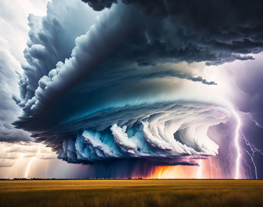 Supercell Thunderstorm with Lightning Strikes and Spiral Cloud Formation