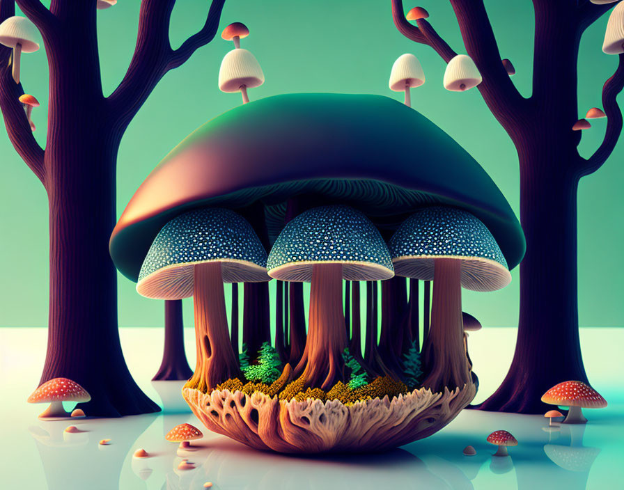 Fantasy 3D illustration of oversized mushrooms in a whimsical forest