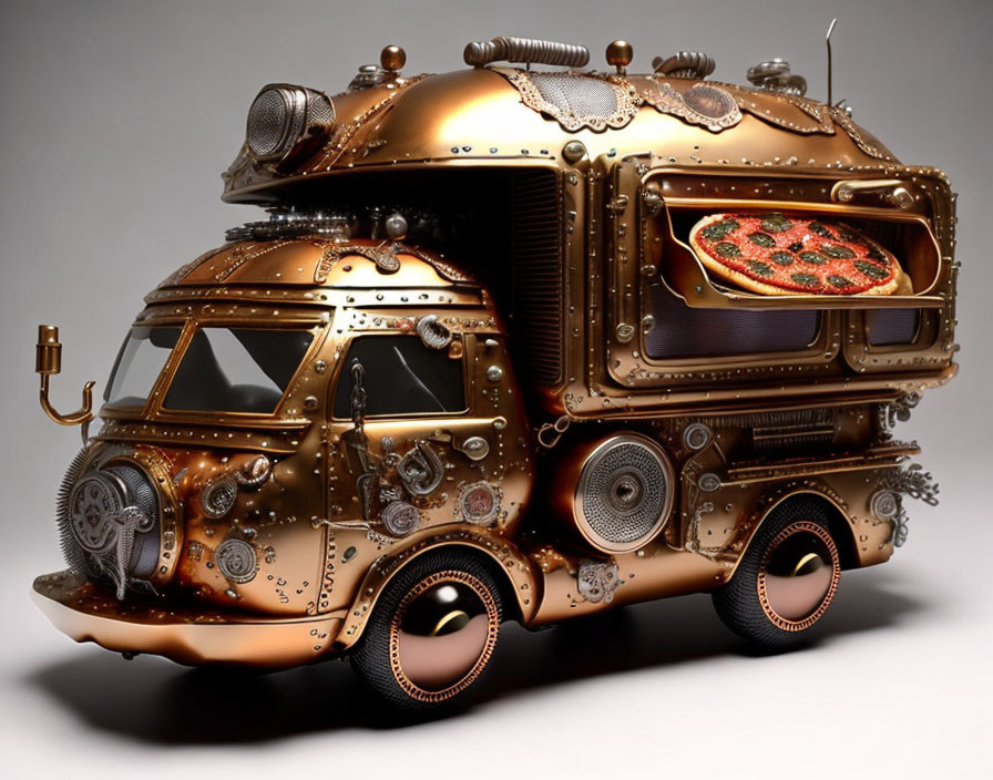 Steampunk-style food truck with brass gears and pizza display.