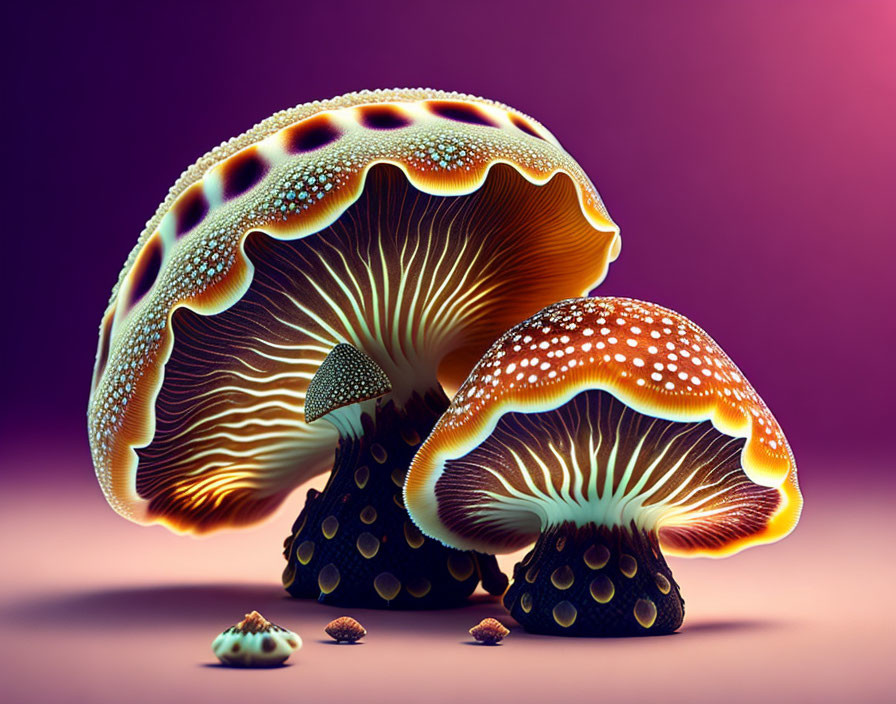 Colorful glowing mushrooms with intricate patterns on purple background