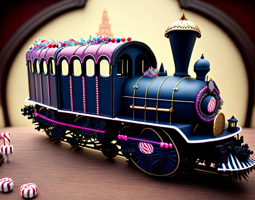 Colorful Ornate Toy Train Displayed on Wooden Surface with Candy