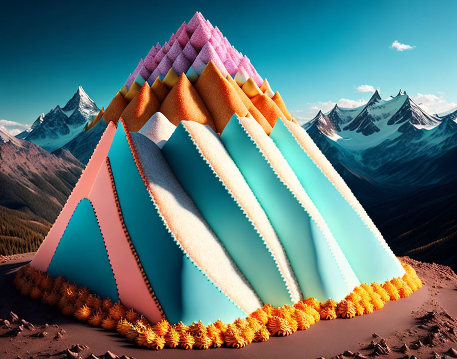 Surreal mountain range like folded mattresses in orange, pink, and blue hues