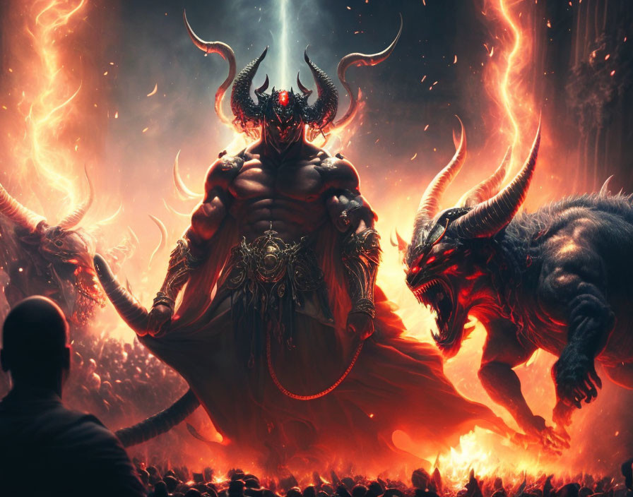 Fantastical scene: Man observes colossal horned demon and snarling beast in fiery setting