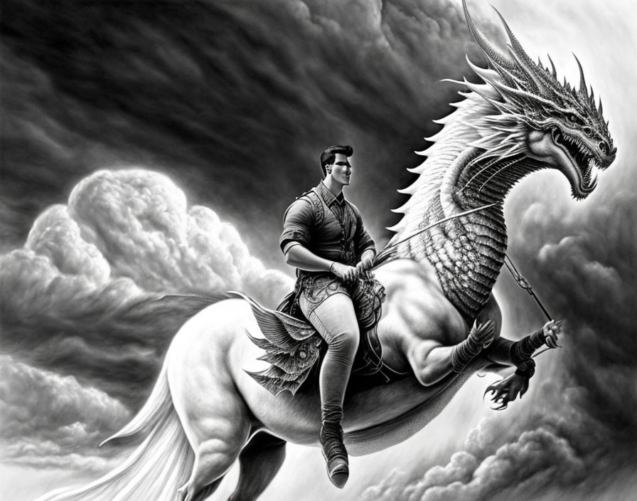 Monochromatic artwork: Individual in modern attire riding winged dragon in dramatic sky