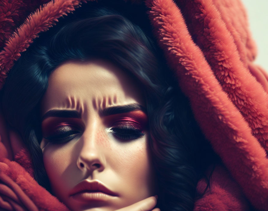 Close-up of woman with dramatic eye makeup and orange textured fabric