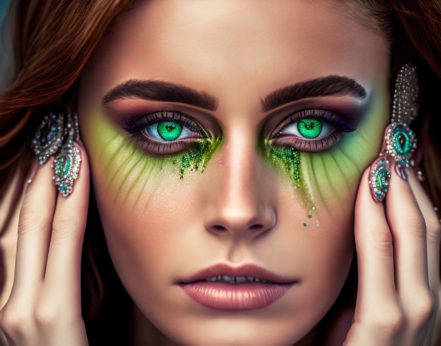 Detailed portrait of person with blue eyes, green eyeshadow, and gemstone earrings