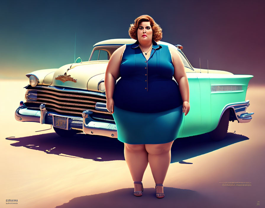 Stylized illustration of confident plus-size woman in blue dress next to classic car