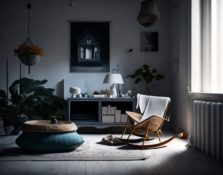 Dimly Lit Cozy Room with Rocking Chair, Shelf Decor, Pouf, and Hanging Plant