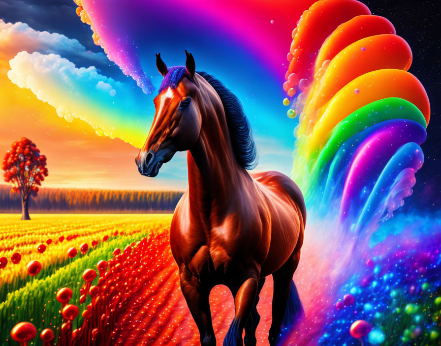 Majestic horse in vibrant rainbow backdrop