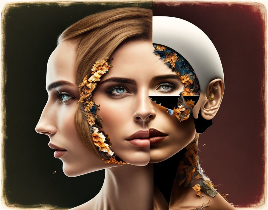 Digital artwork: Woman's face divided into four styles with different textures and colors