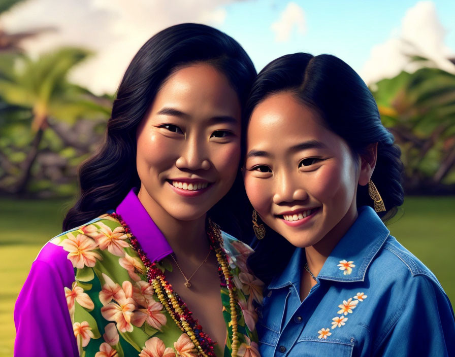 Two Smiling Women in Colorful Floral Clothing Outdoors