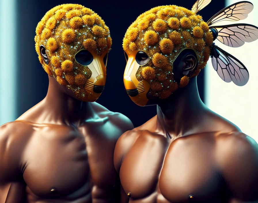 Bee-like figures with dandelion masks in surreal artwork