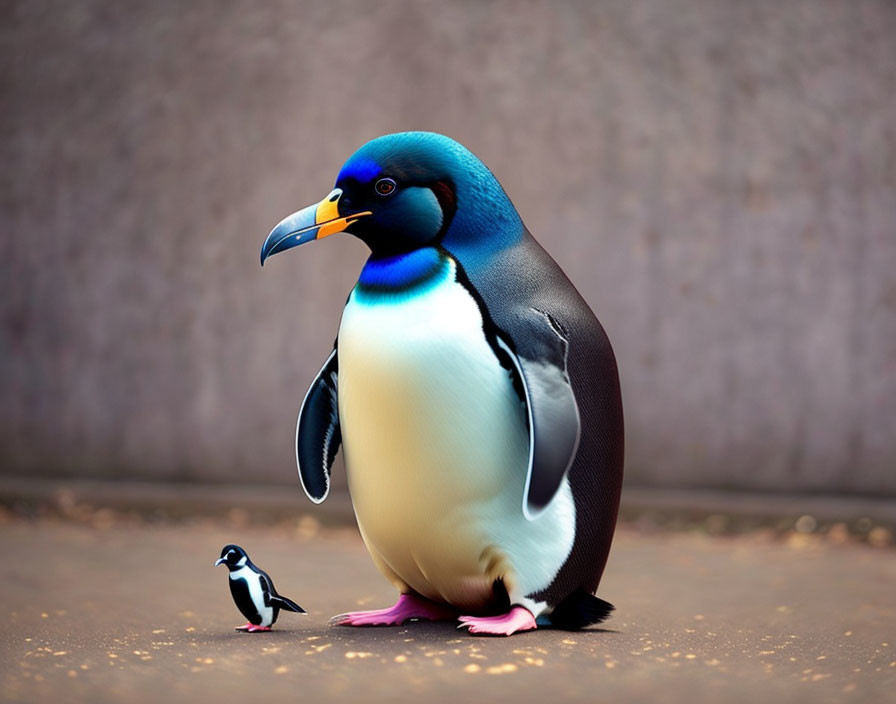 Colorful Large and Small Toy Penguins on Concrete Surface