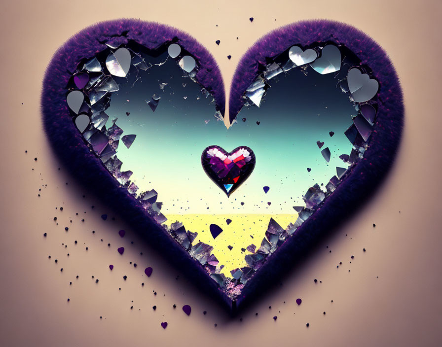 Digital Art: Shattered Heart-shaped Frame with Smaller Heart on Gradient Background