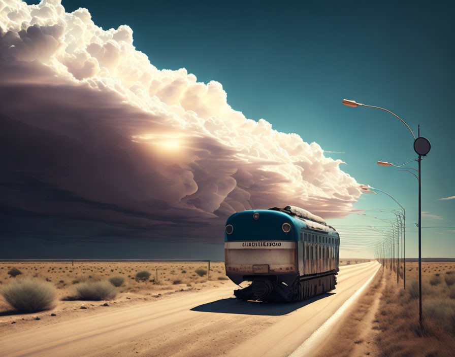 Vintage Train Car Retrofitted with Rubber Tires on Desert Road