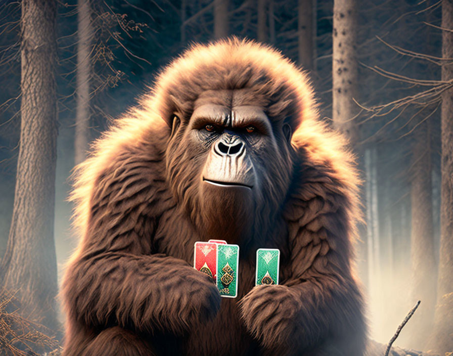 Anthropomorphic gorilla digital art with colorful playing cards in mystical forest
