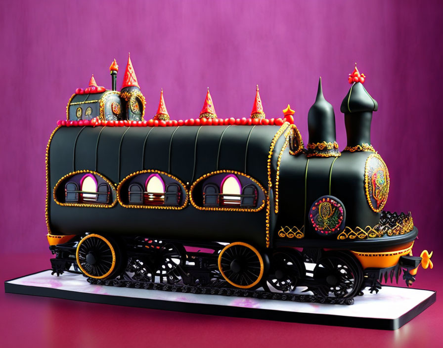 Train-shaped Cake with Decorations on Purple Background