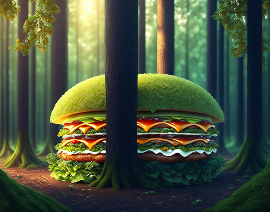 Giant hamburger with green buns in forest setting