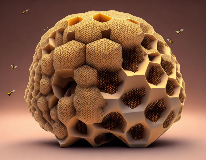 Spherical honeycomb structure with bees in 3D illustration