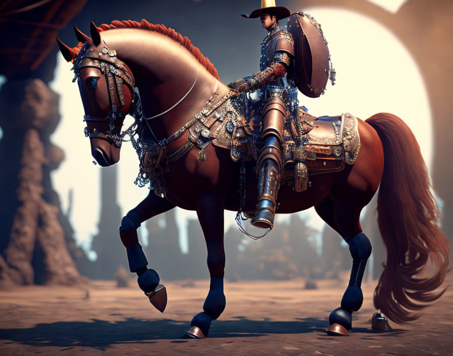 Steampunk horse and rider illustration with mechanical enhancements.