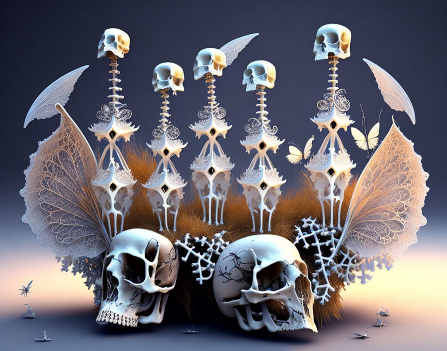 Symmetrical surreal artwork with human skulls, spires, wings, and filigree details on dusk