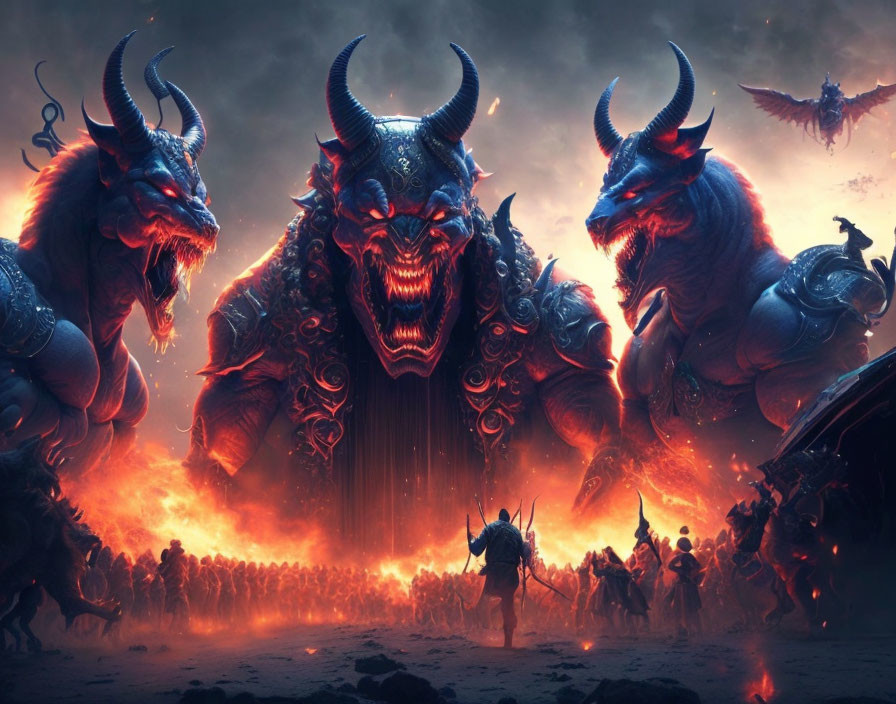 Fantastical scene: Massive demon lords, legions, flames, dark sky