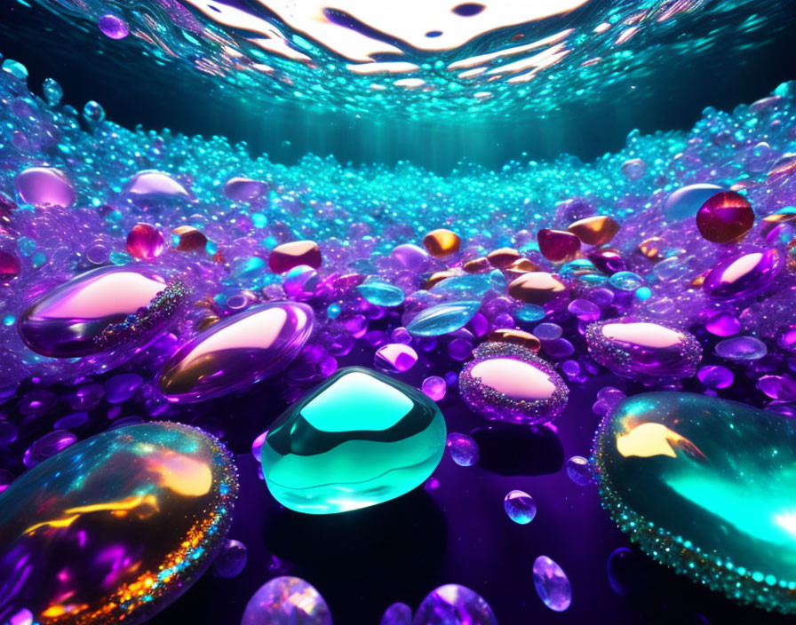 Colorful Underwater Scene with Iridescent Bubbles and Pebbles