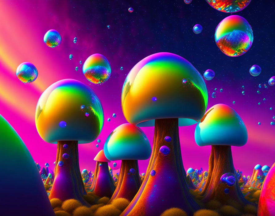 Colorful digital artwork: psychedelic mushrooms, glossy finish, bubbles, neon gradient.