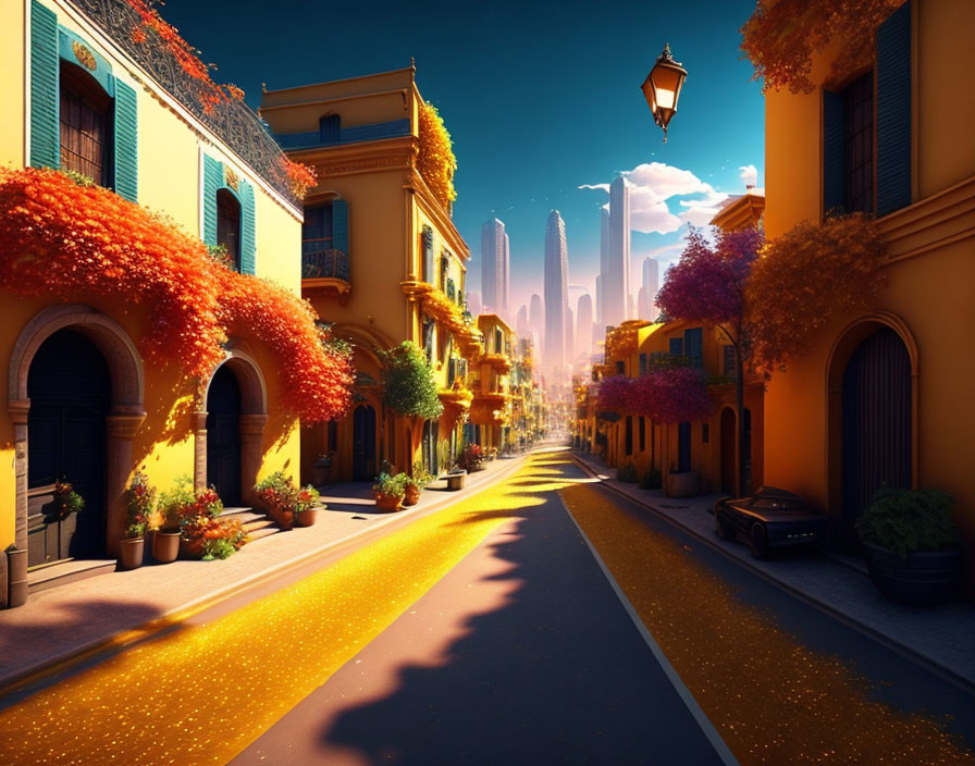 Vibrant street scene with yellow buildings, orange foliage, and futuristic skyscrapers at sunset