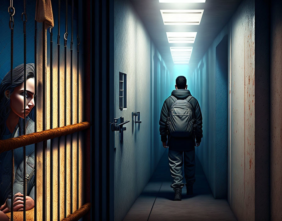 Woman peers through prison bars at man walking away in dimly lit hallway