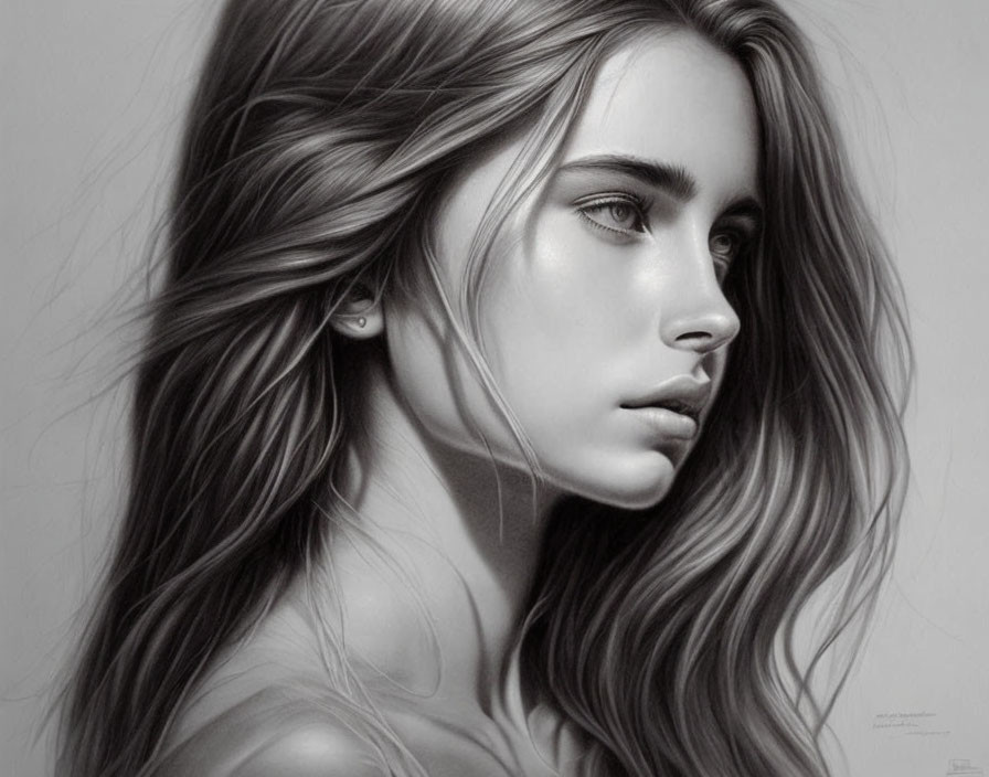 Detailed grayscale drawing of young woman with flowing hair and thoughtful expression