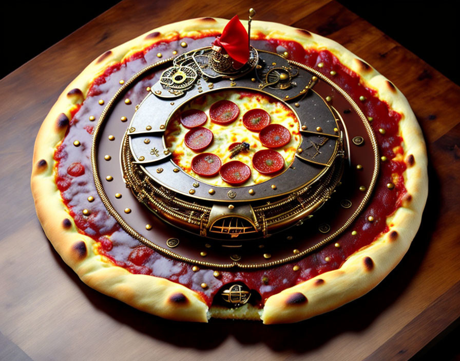 Pepperoni pizza meets steampunk clock with gears, dials, and red top hat