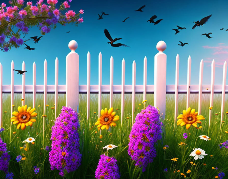 Colorful garden scene with flowers, fence, birds, and blue sky.