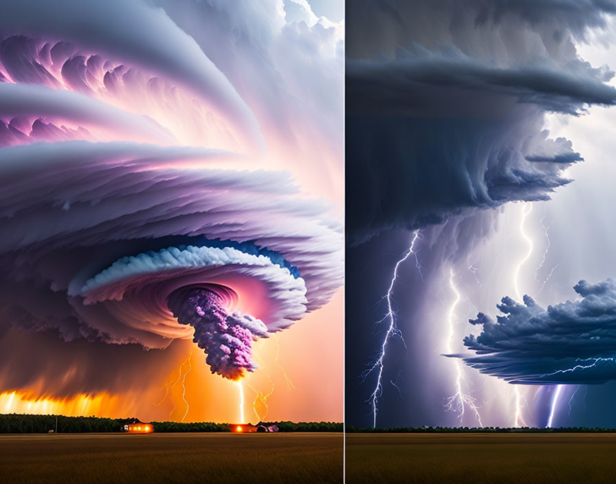 Dramatic supercell thunderstorm with lightning bolts over rural landscape