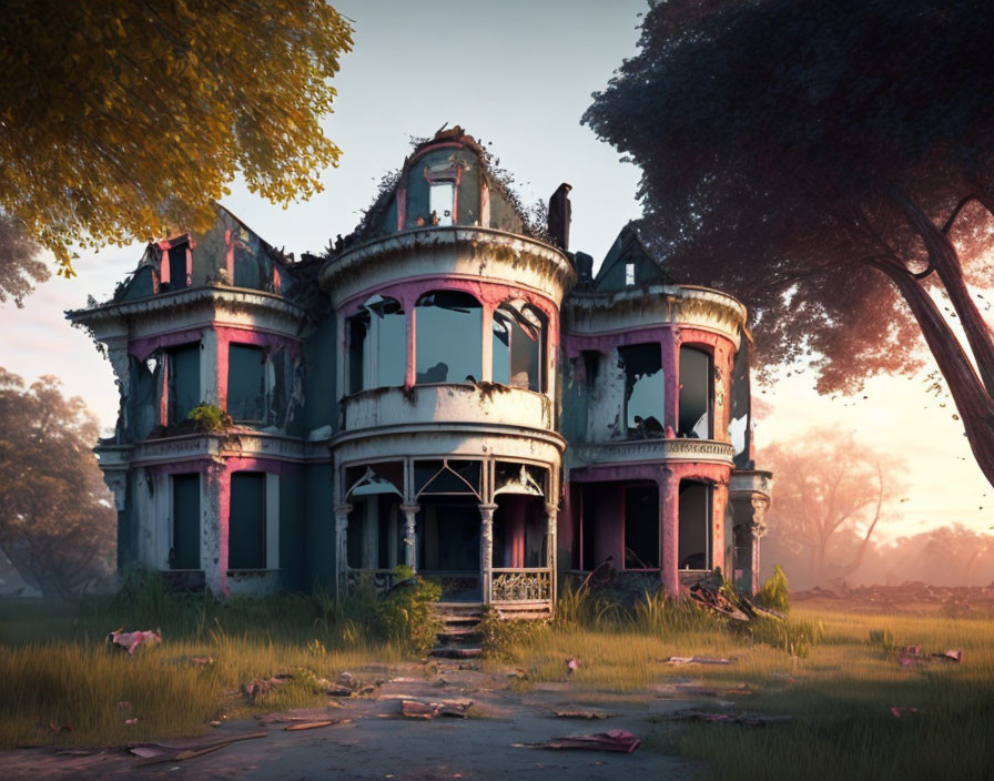 Desolate two-story mansion in misty, overgrown setting