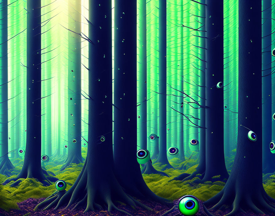 Fantastical forest with blue trees, green foliage, floating eyes, and ethereal light beams