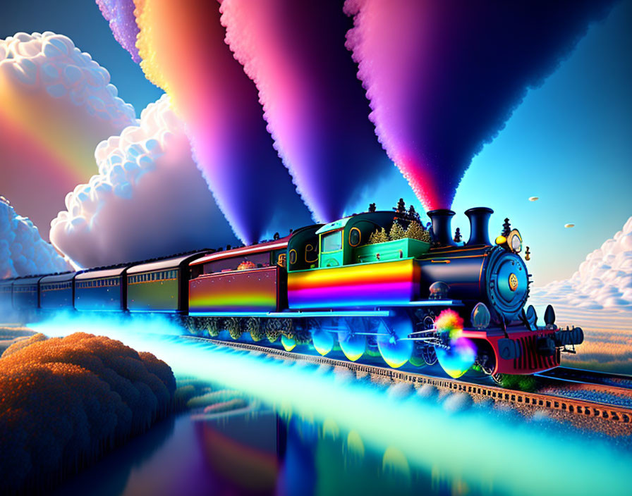 Colorful Train Emitting Rainbow Smoke Travels Above Fantasy Landscape