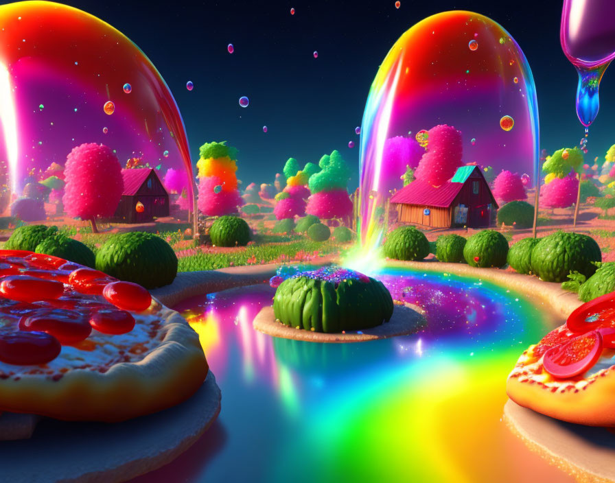 Colorful Fantasy Landscape with Pizza Islands and Rainbow River